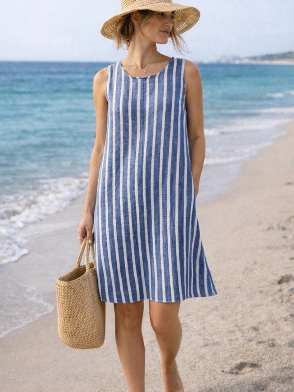 Willi Smith 100% Linen Striped Sleeveless Blue & White Beach Dress Lightweight